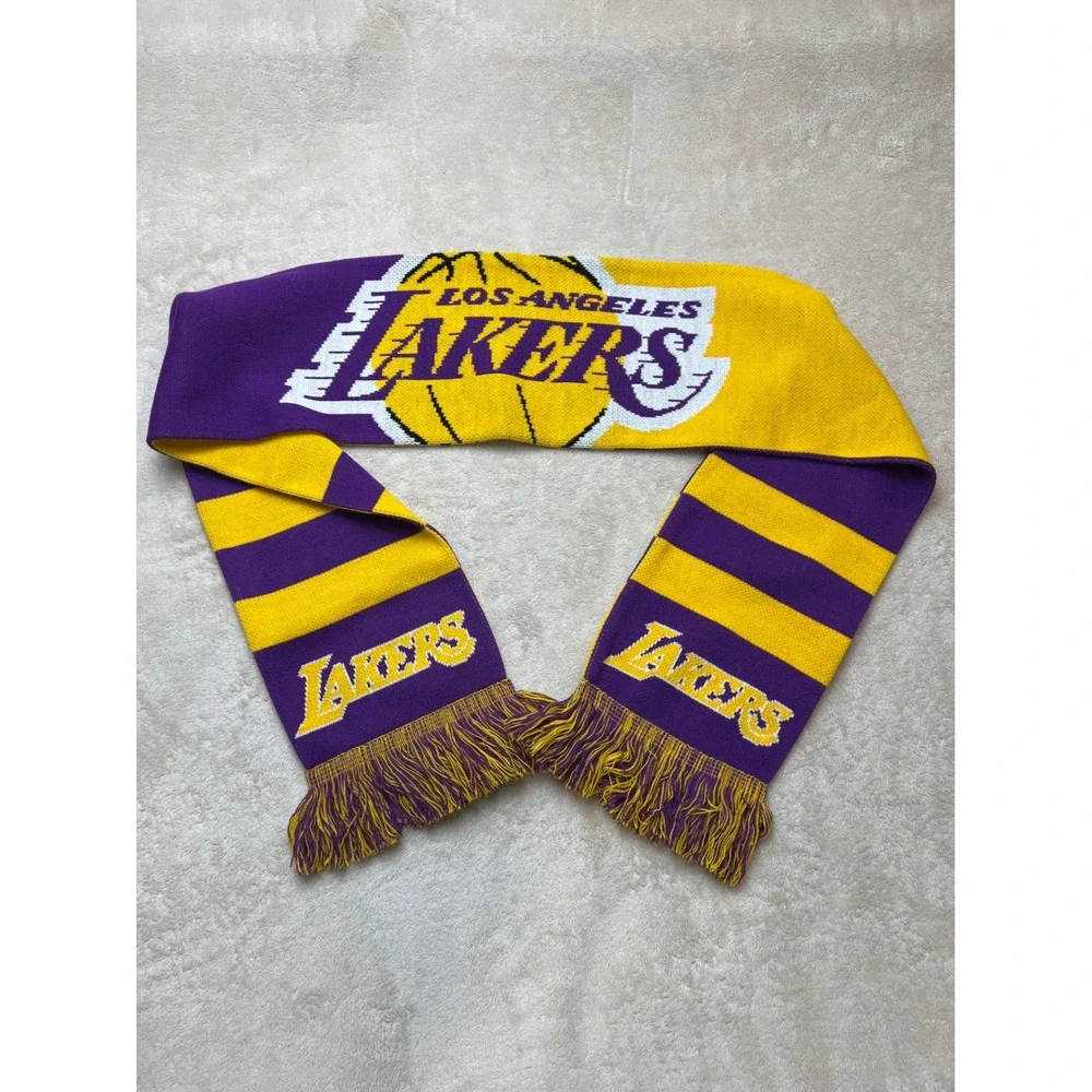 Vintage Los Angeles Lakers NBA Scarf Unisex OS Purple Gold Knit Fringed Fan